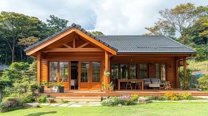 Wooden Cabin Home nestled in a lush green forest setting