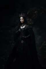 Naklejka premium Mysterious woman in dark gown with crown in an enchanted forest at twilight