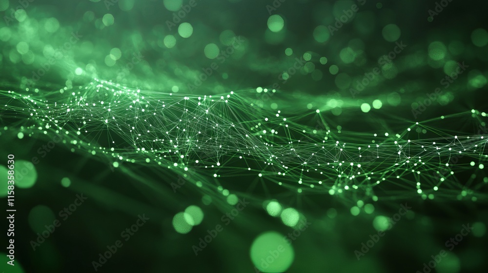 Poster abstract green background with moving lines and dots, symbolizing big data, technology, and global c