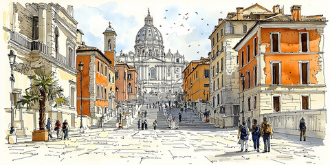 Fototapeta na wymiar sketch, a street of Rome, Italy 
