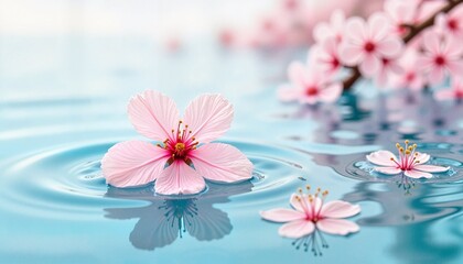 Delicate pink cherry blossom flower floating on water surface with ripples