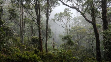 Obraz premium A misty forest landscape with tall trees and lush greenery, evoking a serene atmosphere.