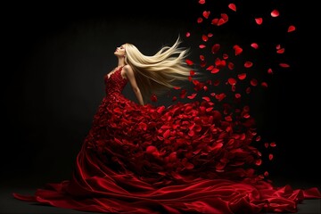 Elegant woman in flowing red dress with petals dancing around in a dramatic display