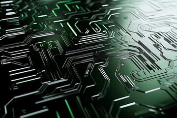 Close-up of a futuristic circuit board design illuminated by green neon lights, showcasing intricate technology and innovation.
