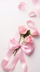 Happy Valentine's day concept. Pink rose, white rose, pink ribbon on white background