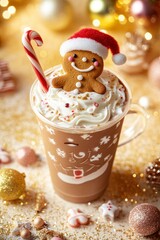 A cup of hot chocolate with gingerbread cookies wearing santa hat, golden glitter and cristmas ball on surface, blur bokeh background