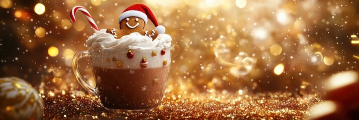 A cup of hot chocolate with gingerbread cookies wearing santa hat, golden glitter and cristmas ball on surface, blur bokeh background