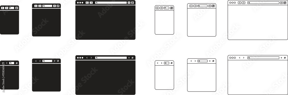 Poster browser window flat, line icons set . design template with browser window for website and mobile app