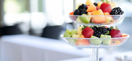 A two-tiered fruit display featuring a variety of fresh fruits.