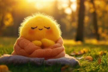 Fluffy yellow creature relaxing in sunlit autumn forest