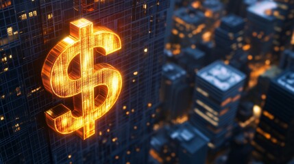 Glowing Dollar Sign 3D Render: Futuristic Cityscape Background. AI Generated
