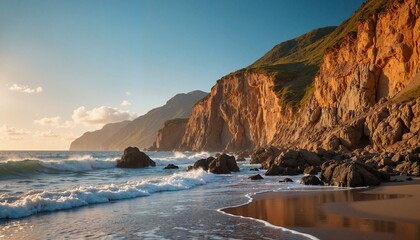 Obraz premium Stunning Rocky Beach Paradise Where Ocean Waves Crash Against Golden Cliffs and Serene Shores