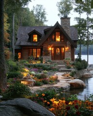 Obraz premium Illuminated Log Cabin Lakeside Garden Retreat