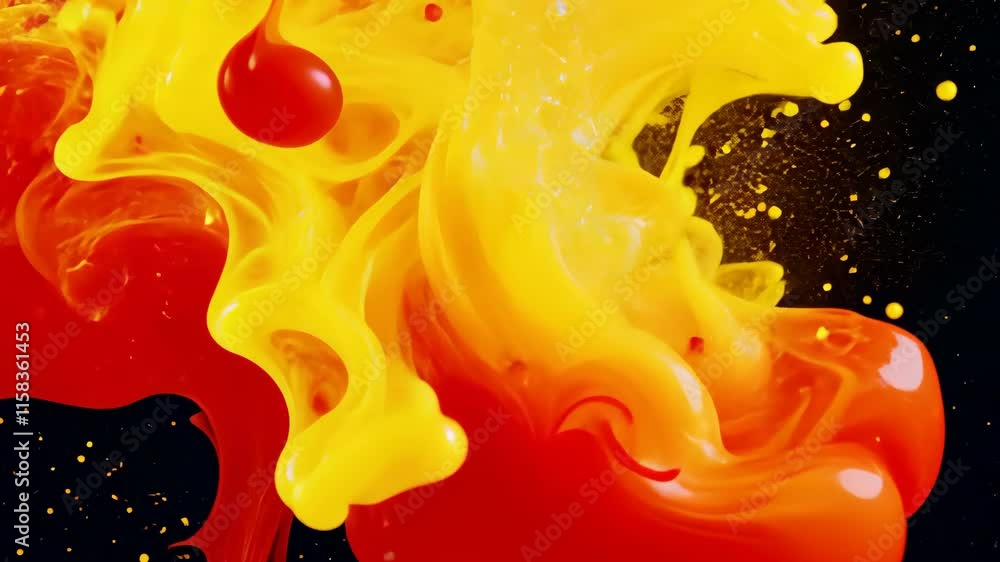Poster vivid swirls of red and yellow paint create dynamic visual patterns against a dark background