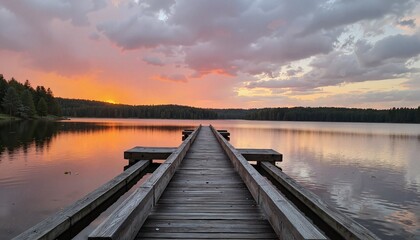 Fototapeta premium Tranquil Evening at the Lake A Serene Dock Surrounded by Nature s Beauty and a Setting Sun