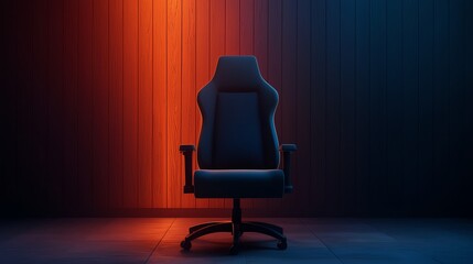 An ergonomic gaming chair with a sleek metallic frame, breathable fabric, and adjustable, glowing armrests that change color to match the mood or environment of the game