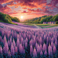 Mauve flower landscape pink sunset surreal illustration