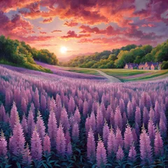 Foto auf Acrylglas Aubergine Mauve flower landscape pink sunset surreal illustration  © Rhoda