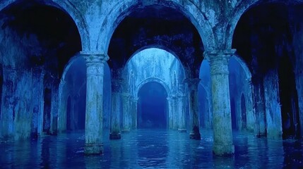 Obraz premium Mysterious Underwater Ruins with Arched Columns and Reflections in Deep Blue Water Illuminated by Soft Light