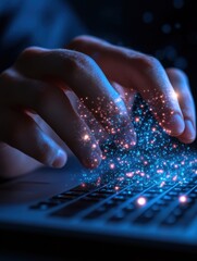 Hands Typing on Keyboard with Glowing Particles in Dark Environment