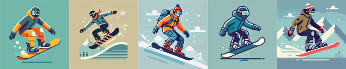Obraz premium Vector collection of characters playing snowboarding happily
