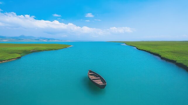 A boat is floating in the middle of a large body of water