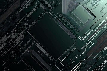 Close-up of a futuristic circuit board design illuminated by green neon lights, showcasing intricate technology and innovation.
