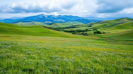 Obraz premium A large field of grass with a mountain in the background