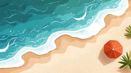 Fototapeta premium Aerial View of Tropical Beach with Blue Waves, Soft Sand, and an Orange Umbrella Surrounded by Lush Greenery on a Bright Sunny Day