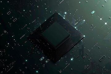 Close-up of a futuristic circuit board design illuminated by green neon lights, showcasing intricate technology and innovation.
