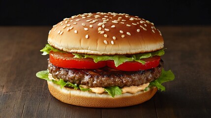 Juicy Burger Photo: Close-Up Shot of Deliciously Stacked Patty on Rustic Wood. AI Generated