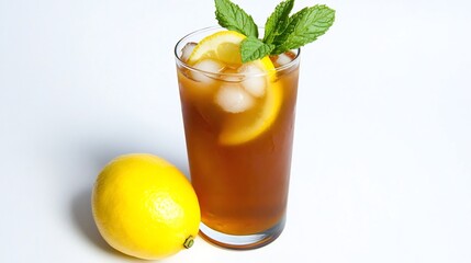 Refreshing Iced Tea Photo: Close-up of a Vibrantly Colored Summer Drink with Lemon and Mint. AI Generated