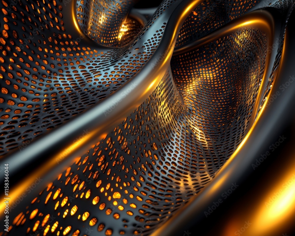 Poster abstract metallic texture with warm glow and wavy patterns in dark tones