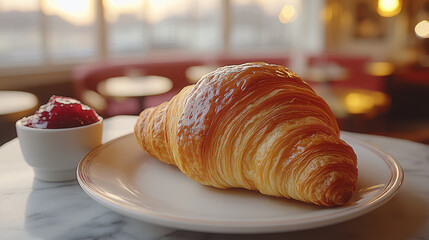 Golden-Brown Croissant Pastry with Jam, Soft Lighting in Elegant Restaurant Setting for Culinary Advertising and Menu Displays