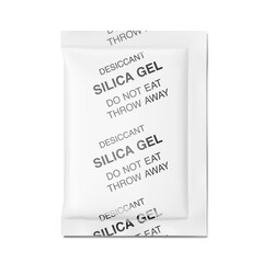 Desiccant silica gel sachet mockup. Flat lay view. Vector illustration isolated on white background. Can be use for template your design, presentation, promo, ad. EPS10.	