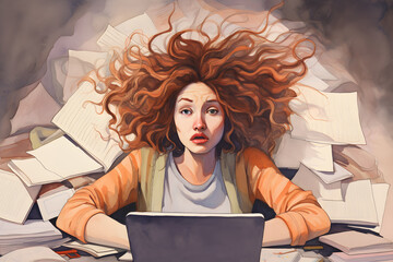 illustration of portraits of stressed woman (generative AI)