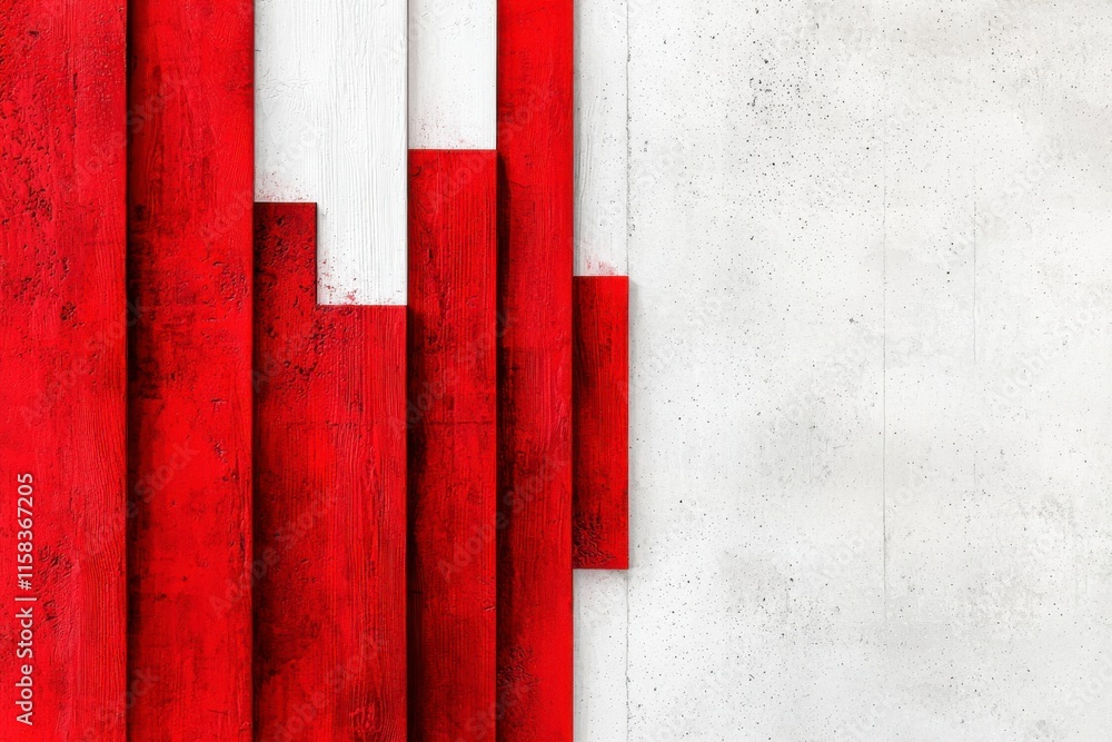 Aufkleber abstract red and white geometric pattern with textured vertical planks on a concrete background