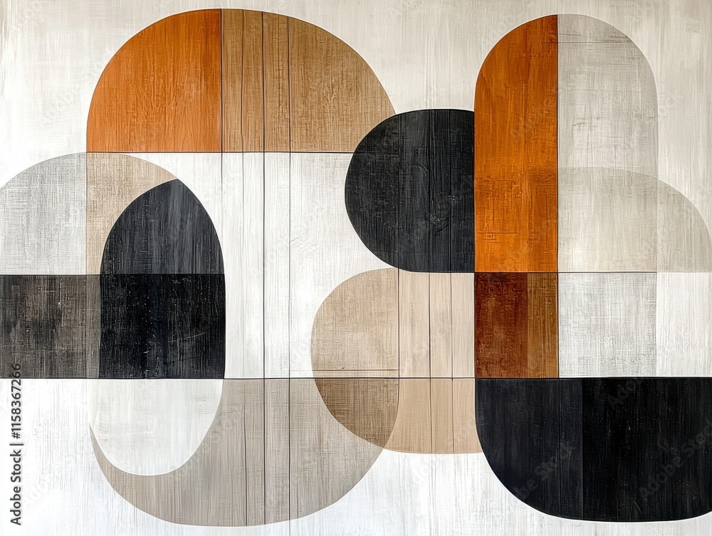 Poster abstract geometric composition in warm tones featuring curves and soft shapes on textured background
