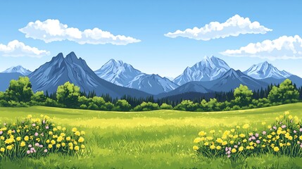 Vibrant Springtime Meadow Illustration: Serene Mountain Vista Digital Painting. AI Generated