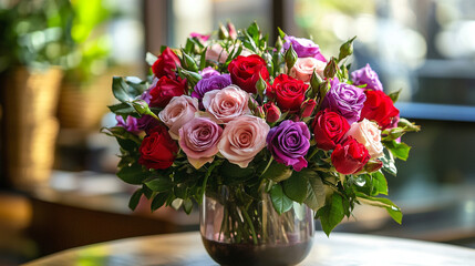 Beautiful bouquet of mixed roses in a bright indoor setting. 