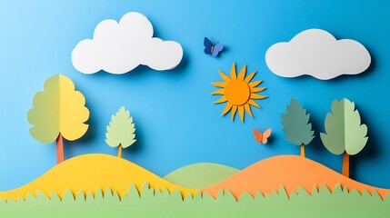 Vibrant Papercut Illustration: Sunny Day Landscape in Cheerful Style. AI Generated