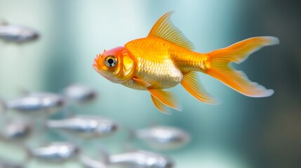 Vibrant Goldfish Gracefully Swims Amongst Silverfish in Underwater Close-Up Photo. AI Generated