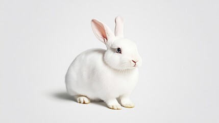 Obraz premium Close-up Photo: Serene White Rabbit Posing Elegantly Against a Soft Grey Background. AI Generated