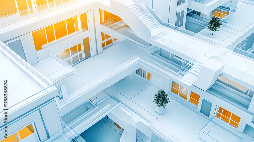 Poster futuristic architectural design with bright elements and greenery