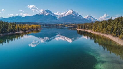 A tranquil lake reflecting majestic mountains under a clear blue sky. The scene captures serenity and natural beauty in harmony with nature. Generative AI