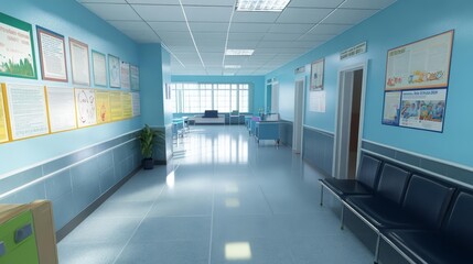Empty pediatric clinic featuring vaccination posters, conveying a message of preparedness and public health awareness in a serene and hygienic environment.
