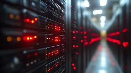 Server room with rows of rack servers.