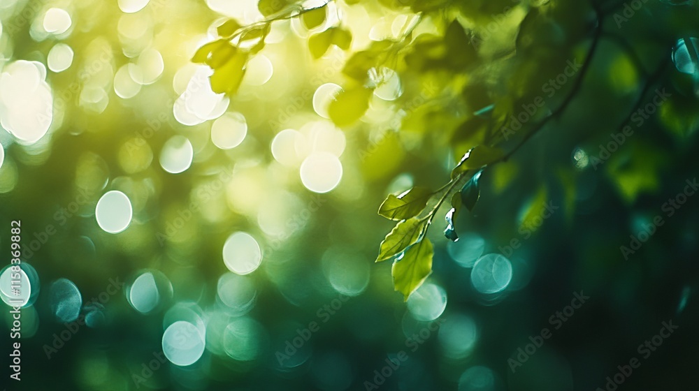 Poster abstract defocused green forest with soft sunlight filtering through trees, creating a peaceful and 