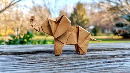 A detailed origami elephant figurine on a wooden surface outdoors.