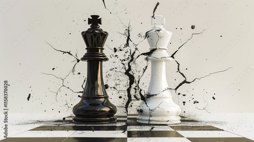 Poster a pair of chess pieces in a minimalistic style, set against a light background with focus on their s